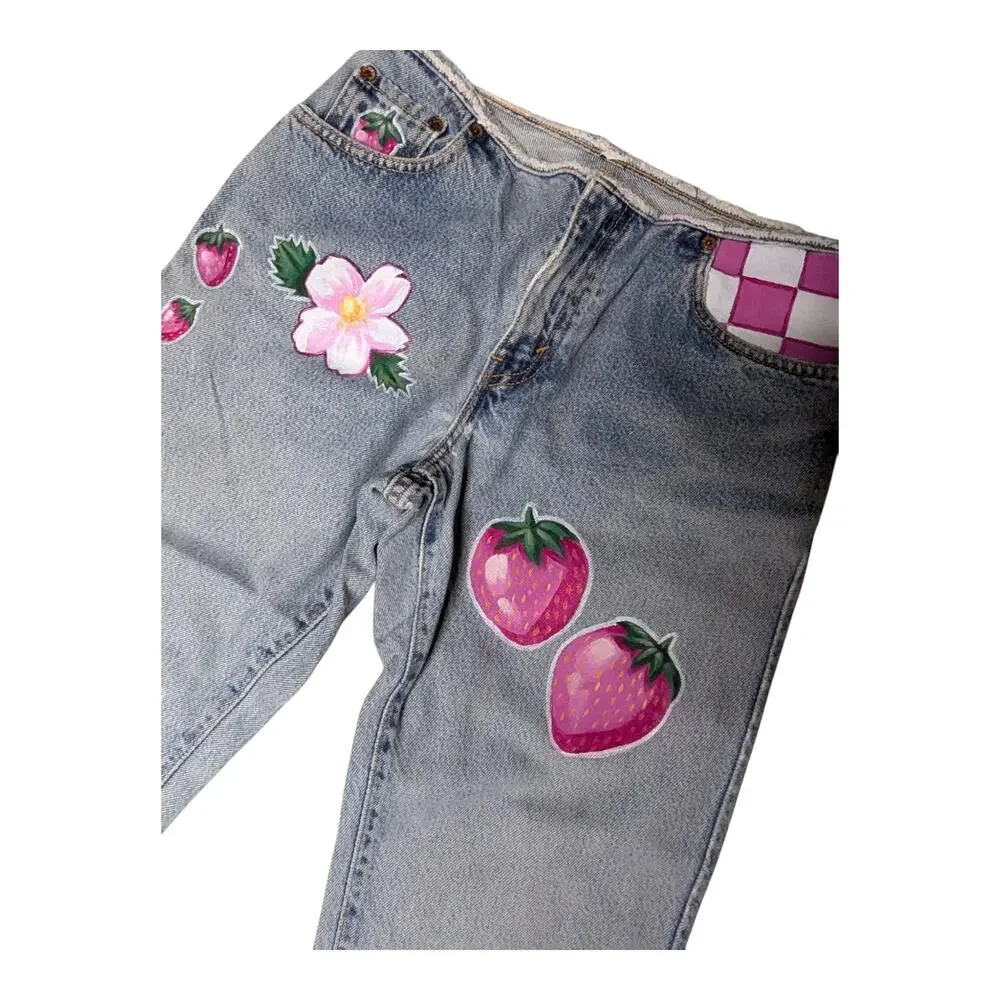 Hand Painted Vintage Levi's 501-Z Straight Leg Strawberry Checkerboard Jeans 28